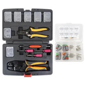 13 pc Deutsch Crimper Kit - Includes Ratcheting Crimper, 7 Dies, Wire Stripper & Removal Tools PLUS 52pc Deutsch DT Connector Kit