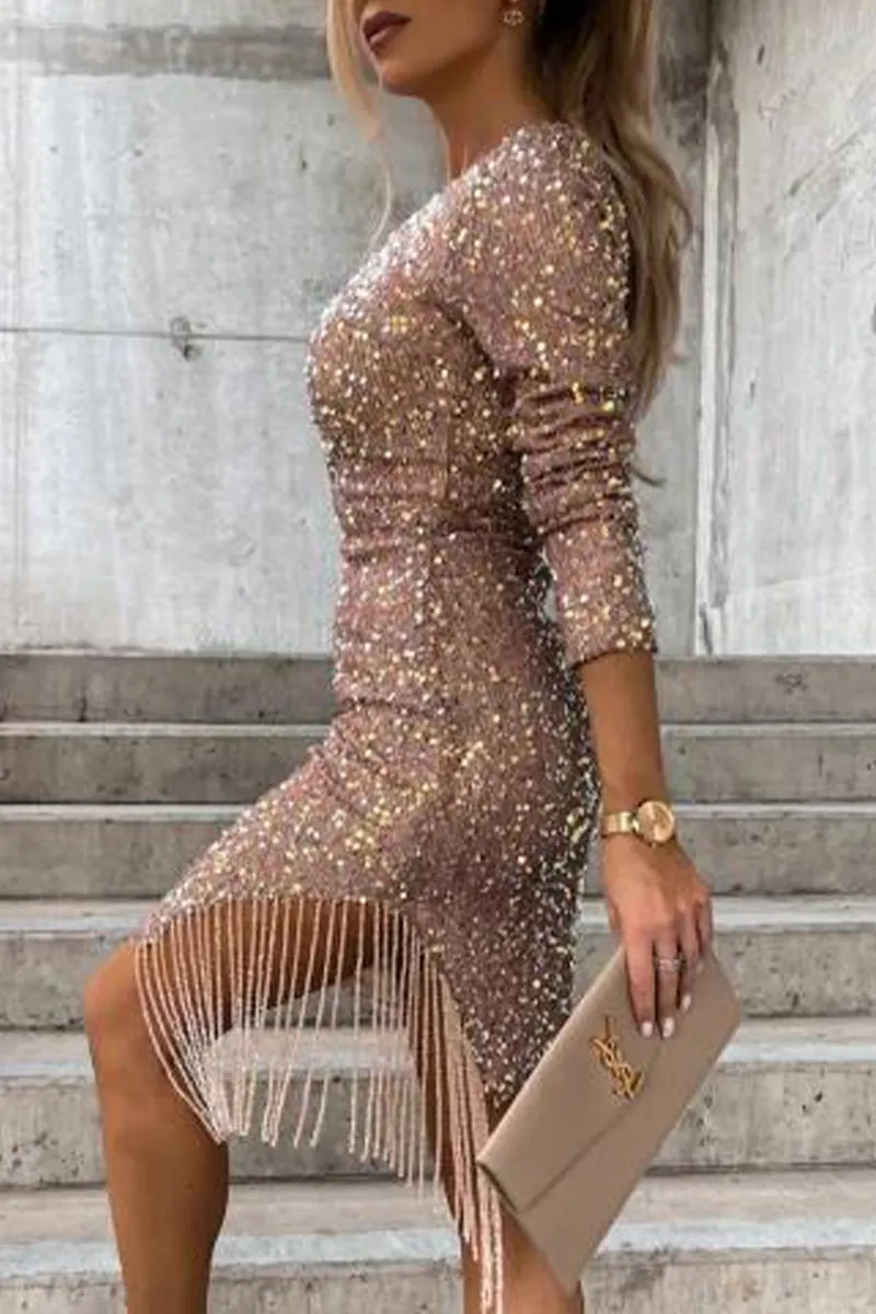 Elegant Solid Tassel V Neck One Step Skirt Dresses