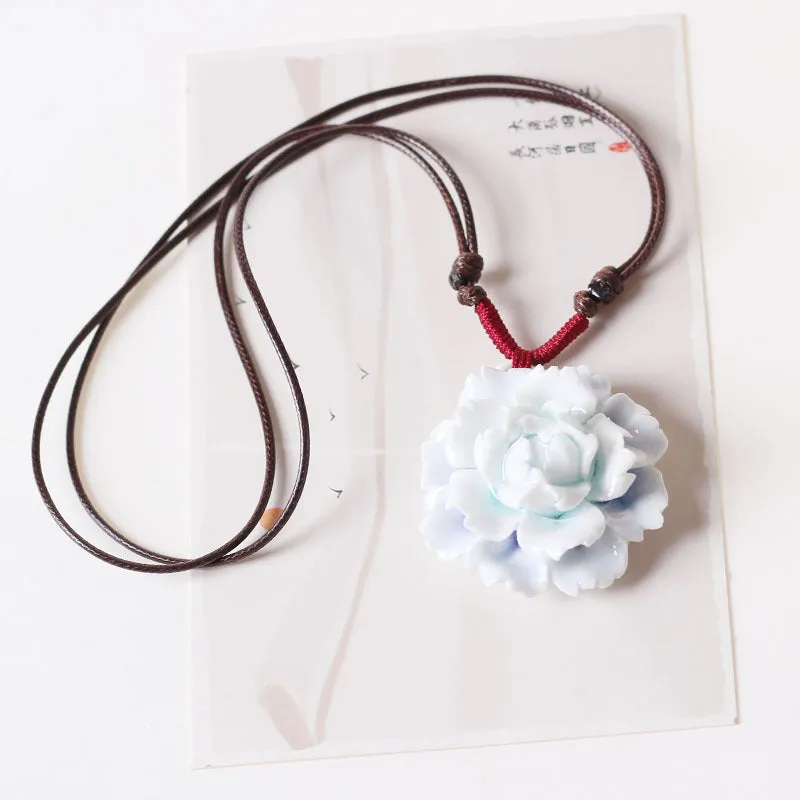 Flower Shape Adjustable Necklace Antique Ceramic Crafts Jingdezhen Ceramic Flower Necklace