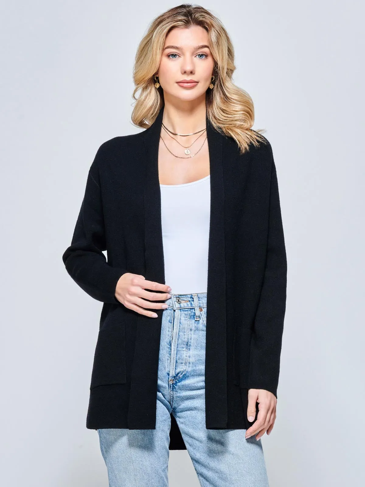 Folded Collar Fine Knit Cardigan, Black