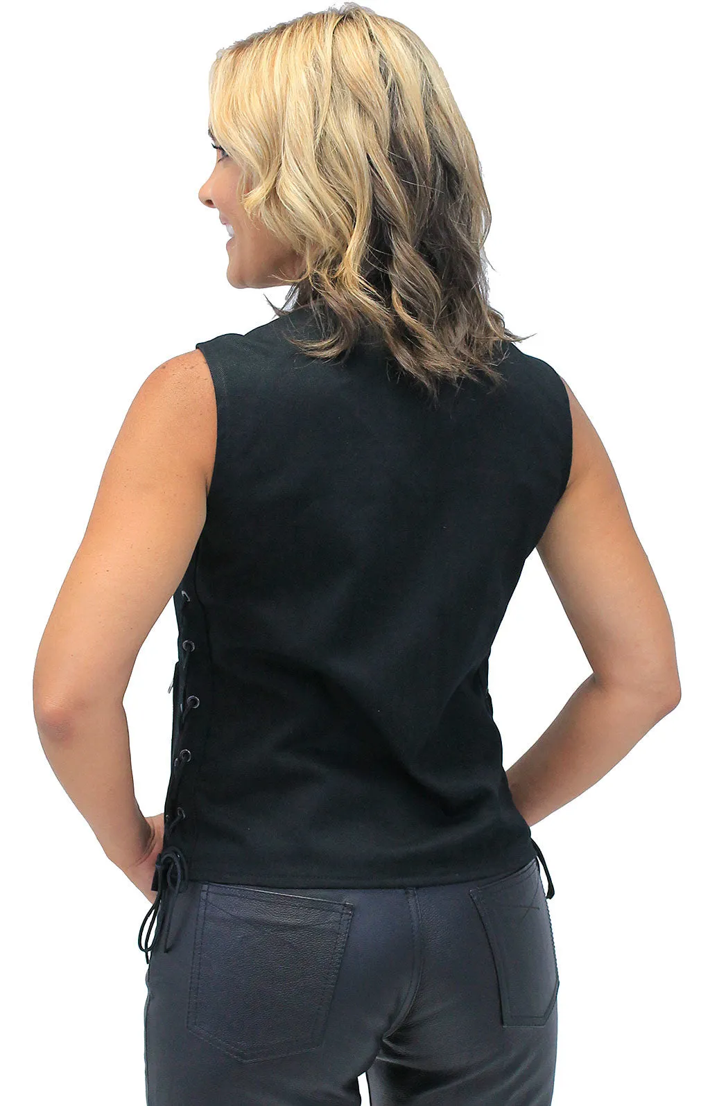 Heavy Denim Women's Side Lace Concealed Pocket Biker Vest #VLC519GLK