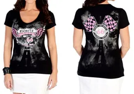 Liberty Wear Flying Route 66, Short Sleeves, Rhinestone Highlighted V-Neck Top