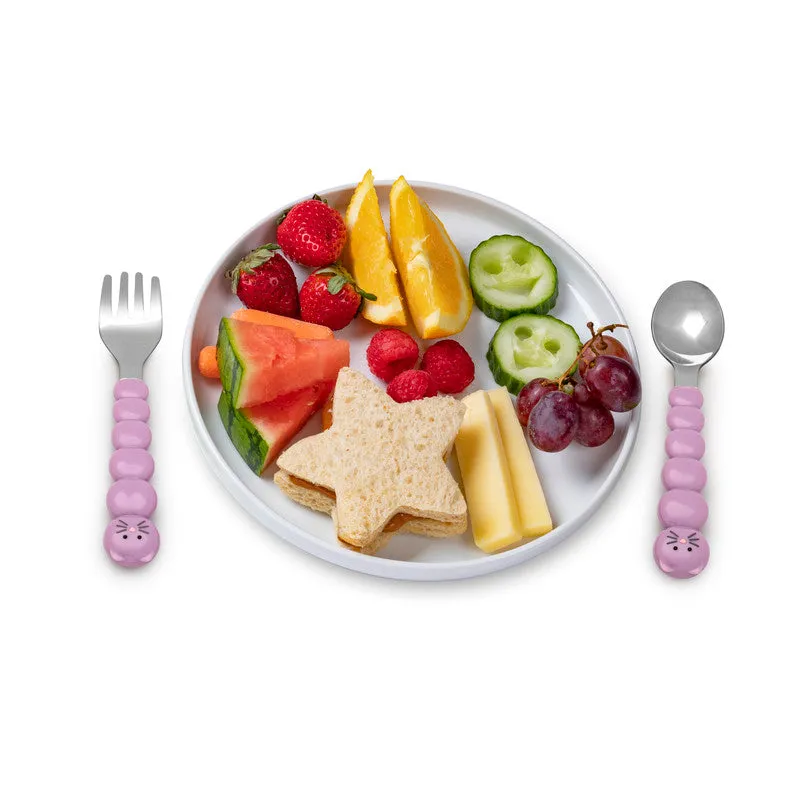 melii Colorful Animal Spoon & Fork Sets for Kids - Encourages Independent Feeding and Fine Motor Skills - BPA-Free, Dishwasher Safe - Purple Cat & Grey Bulldog (4 Pcs)