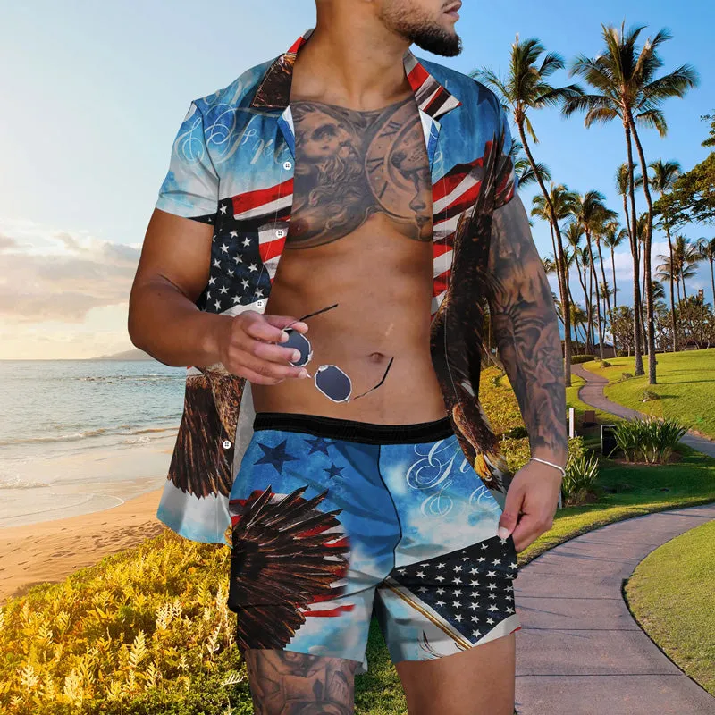 Men's US Flag Hawaiian Casual Short Sleeve Suits