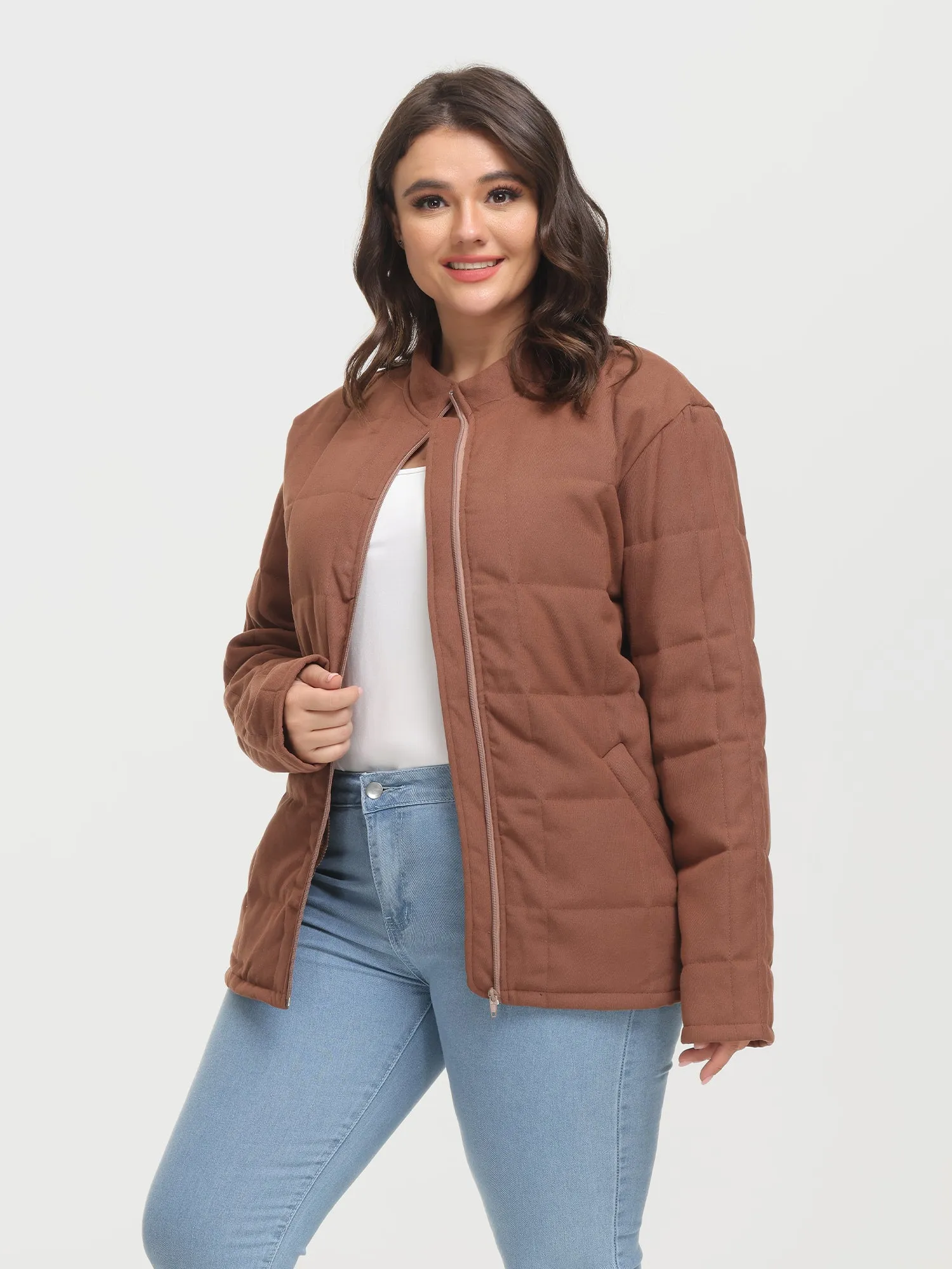 Midsize Zip-Up Long Sleeve Quilt Jacket with Pockets