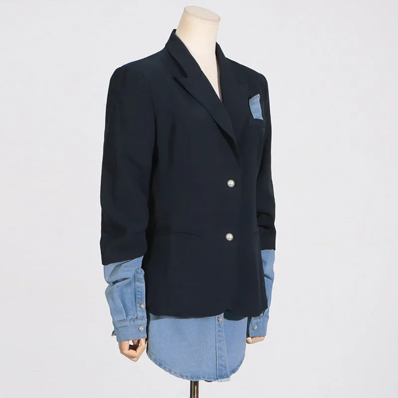 Pre Order:  Spliced Denim Long Sleeved Black Blazer