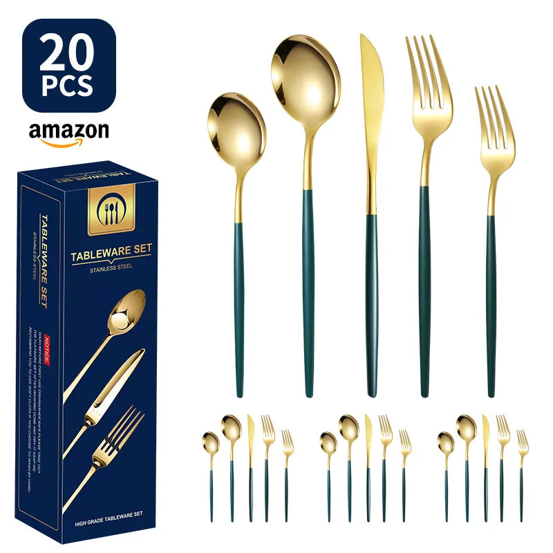 Product Stainless Steel Tableware 20-Piece Set Gold Plated Portugal Knife, Fork and Spoon