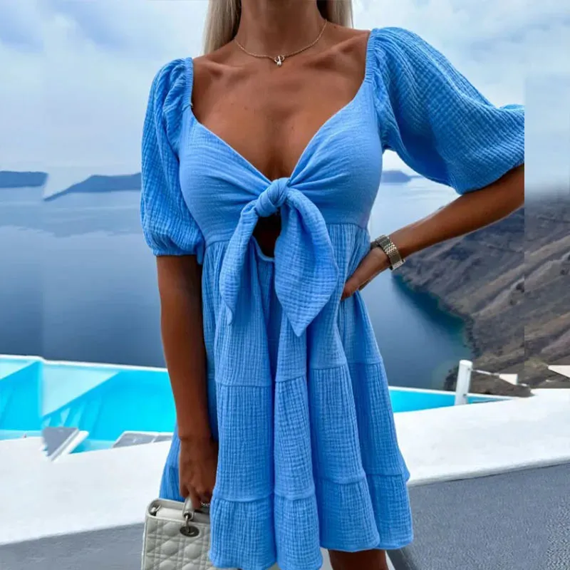 Short Sleeve Tie-up Swing Mini Dress Elegant High Waist Pleat Party Elegant Stylish Dress