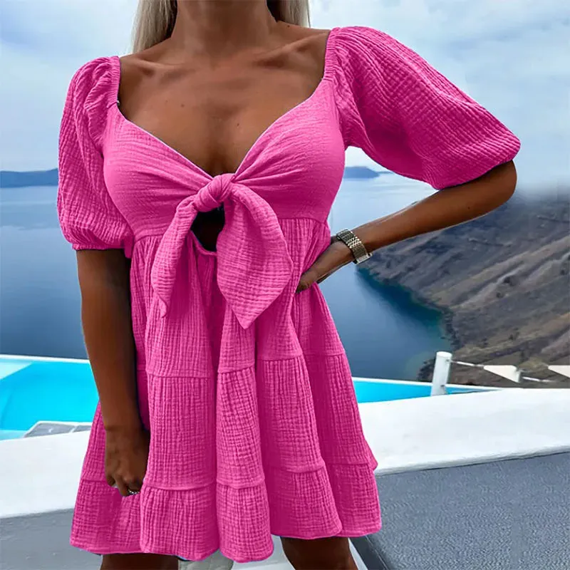 Short Sleeve Tie-up Swing Mini Dress Elegant High Waist Pleat Party Elegant Stylish Dress