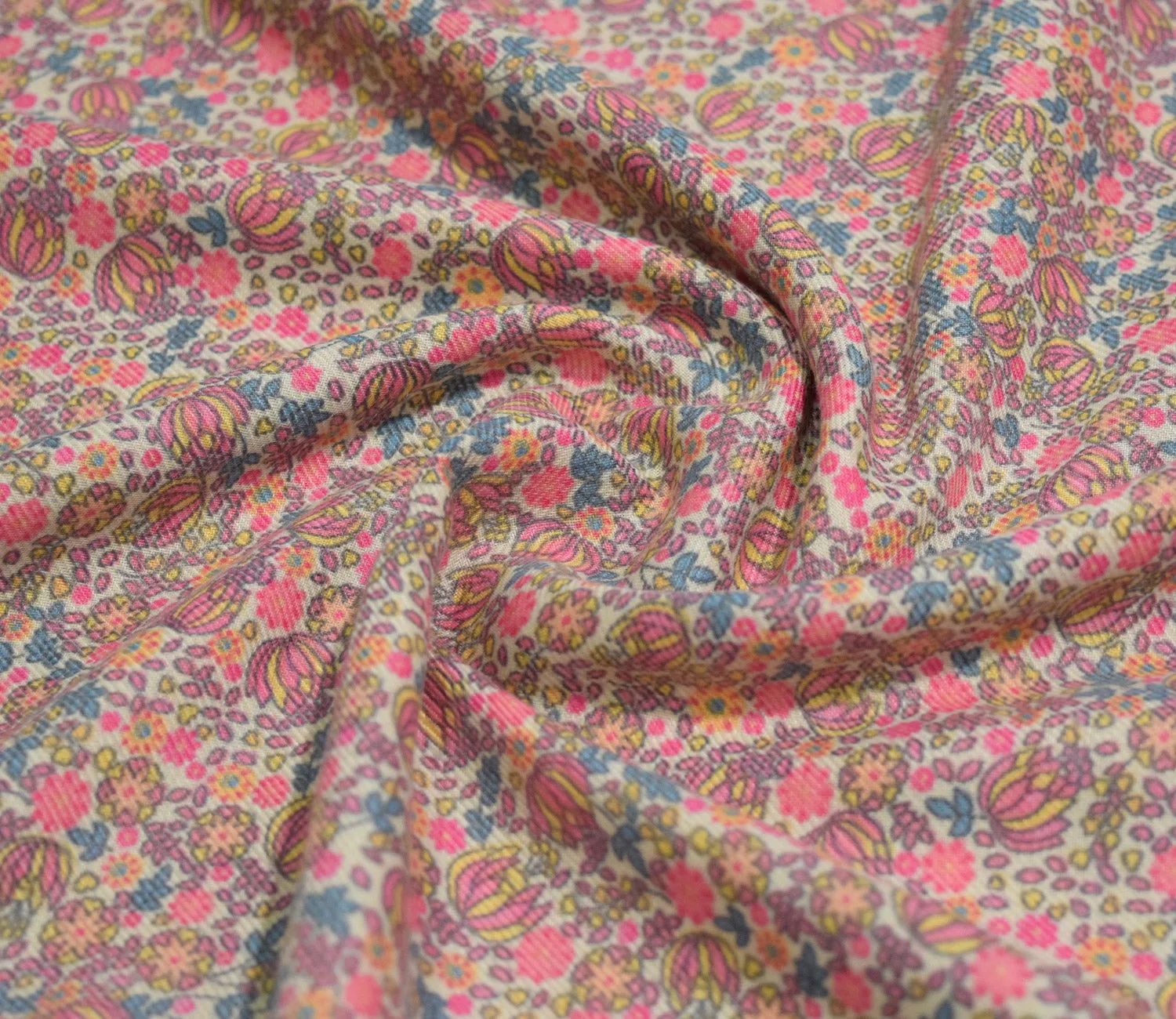 Small Floral Pattern Digital Printed Pure Pashmina Fabric Available in Pink , Green , Grey and Yellow