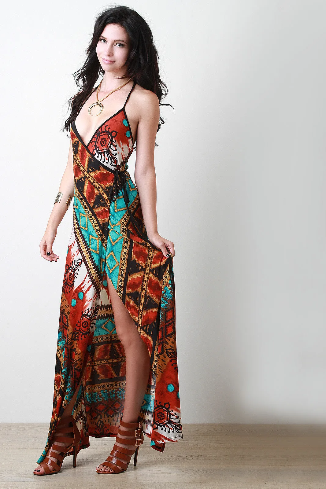 Tribal Halter Wrap Maxi Dress