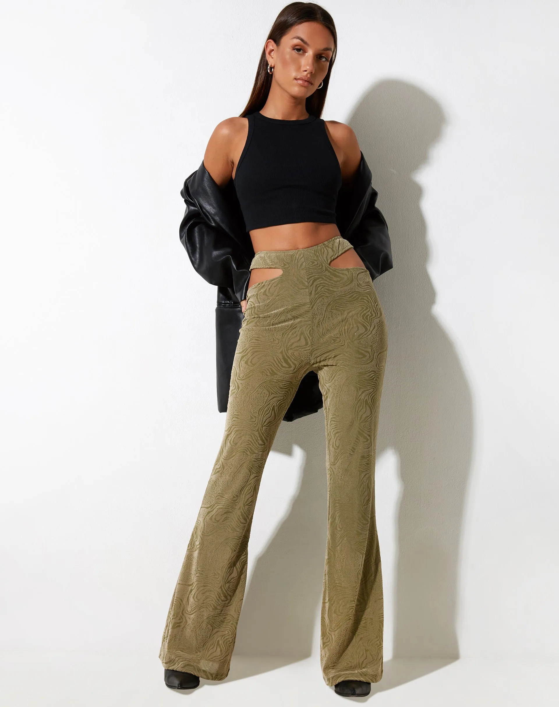 Tuleen Flare Trouser in Mixed Animal Flock Olive