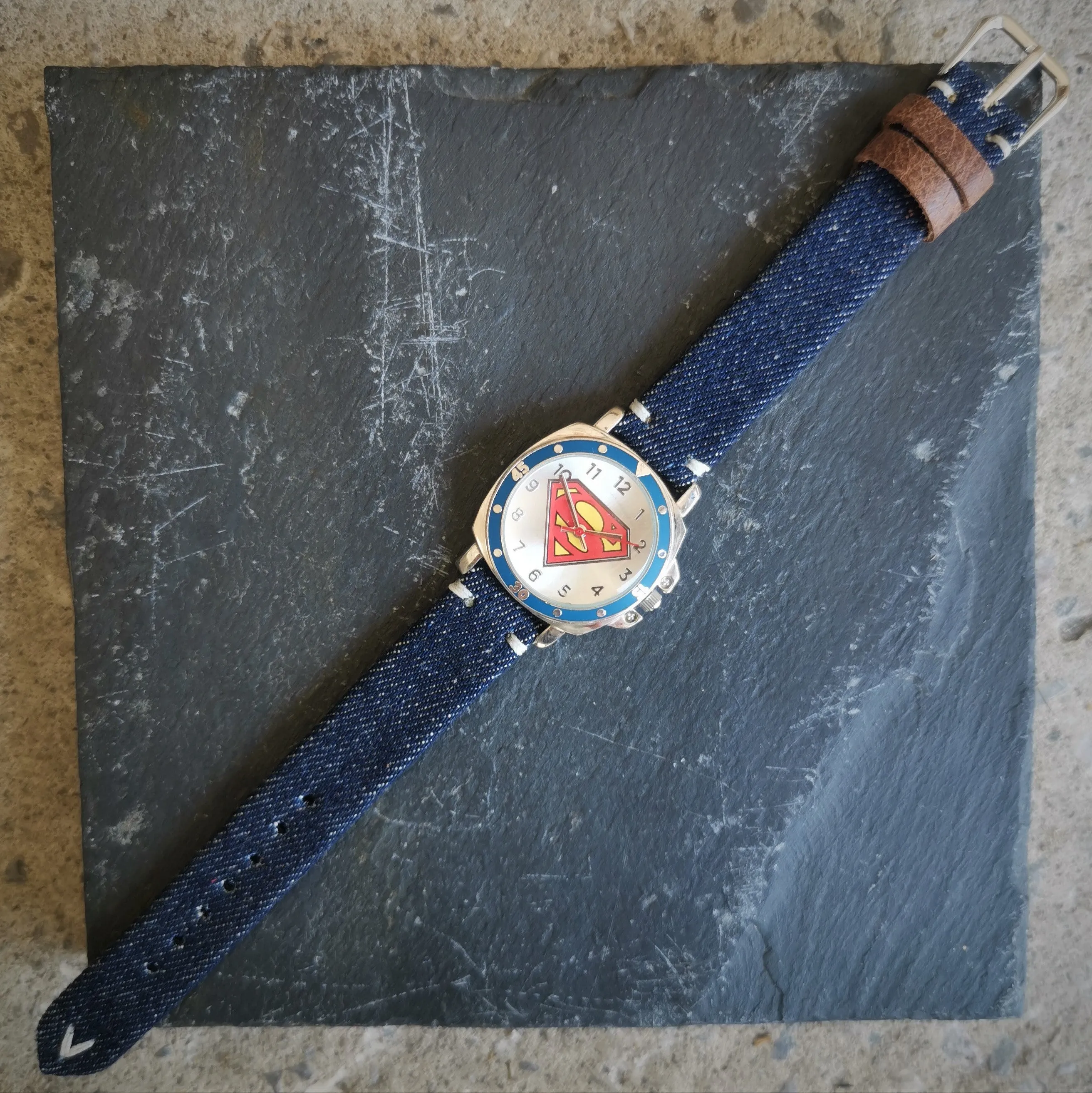 Vintage Men's Chrome Plated Quartz Watch // Superman's S insignia Watch Face Design // Italian Vintage Denim Jeans Leather Watch Strap