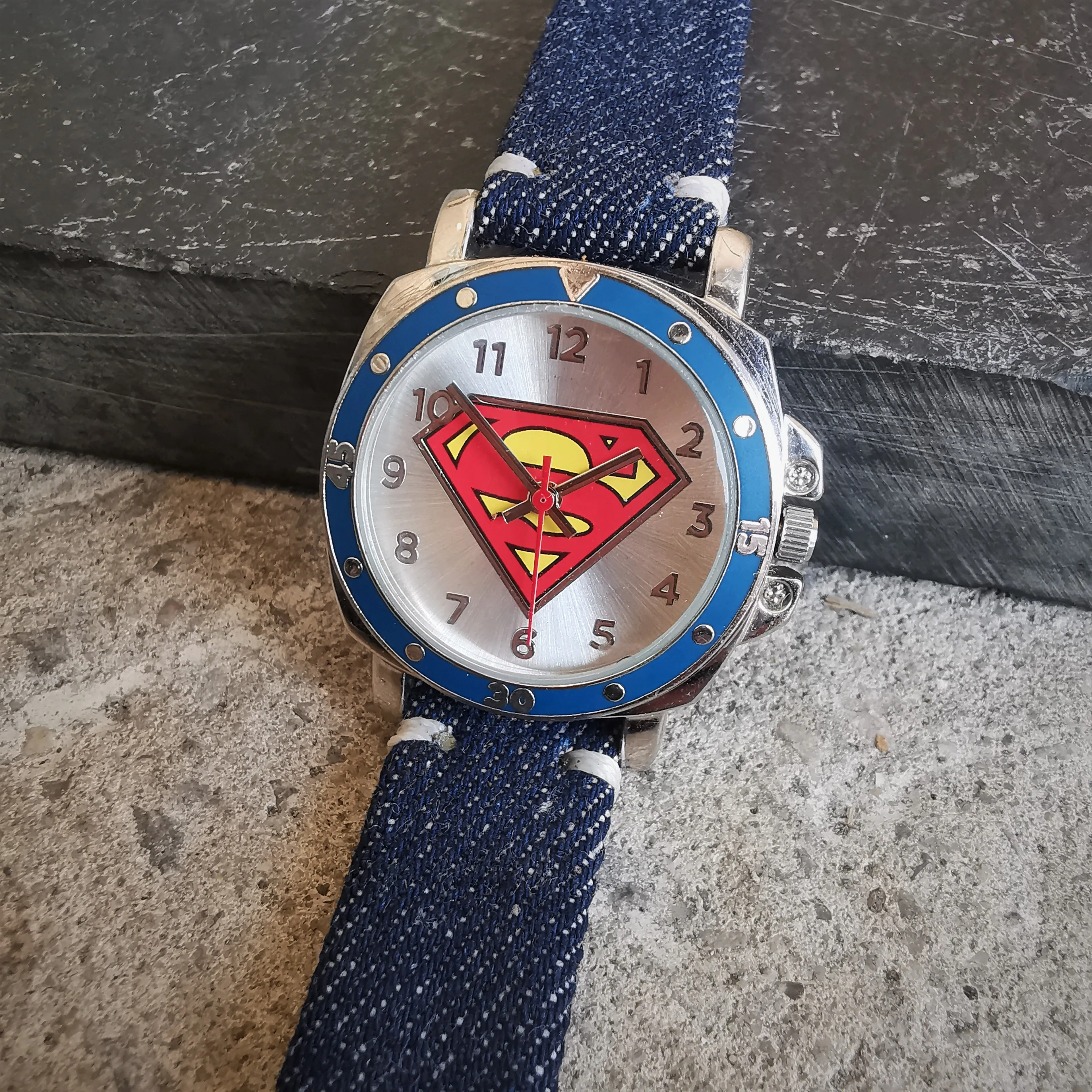 Vintage Men's Chrome Plated Quartz Watch // Superman's S insignia Watch Face Design // Italian Vintage Denim Jeans Leather Watch Strap