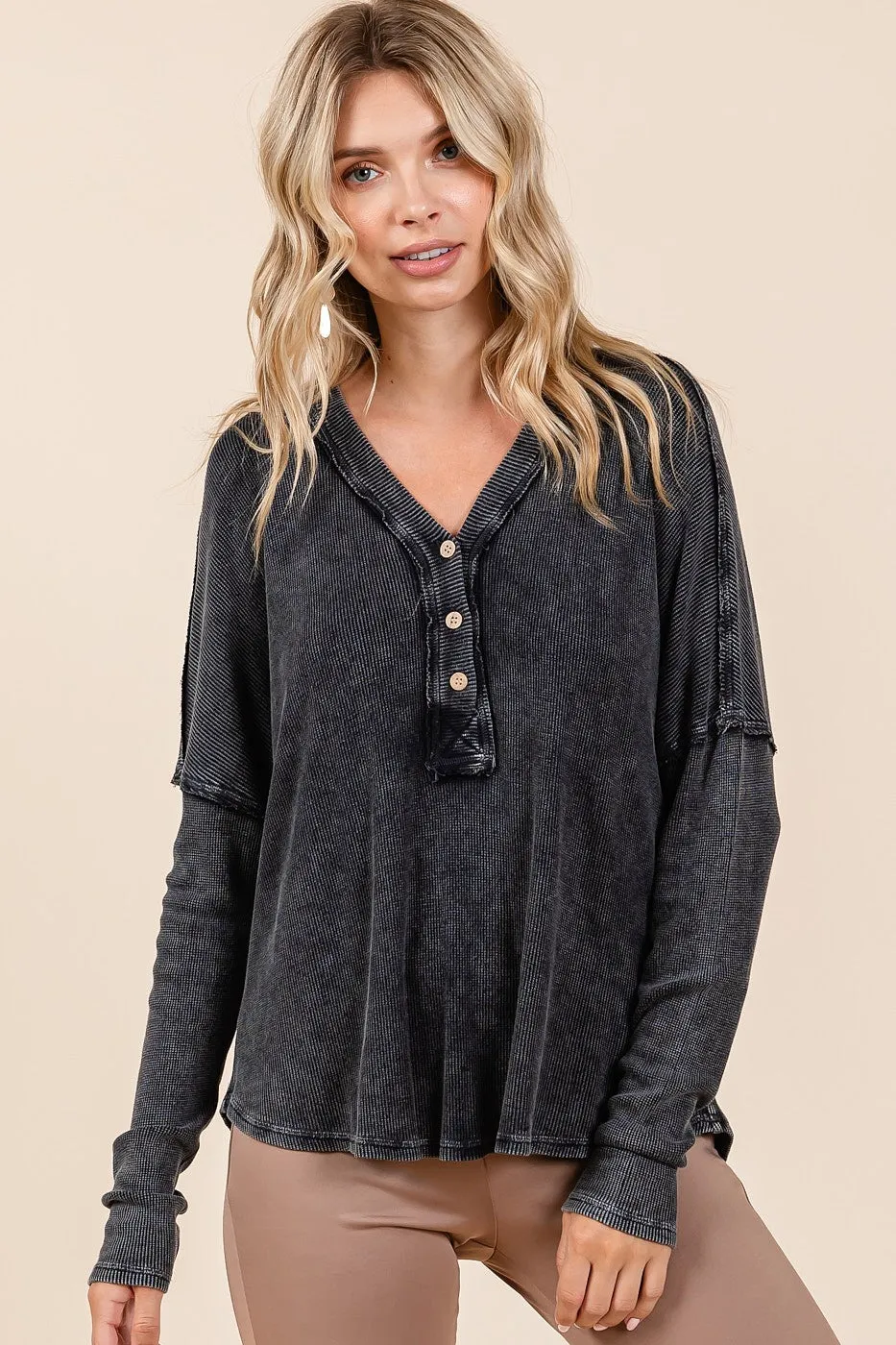 Washed V-Neck Long Sleeve Blouse