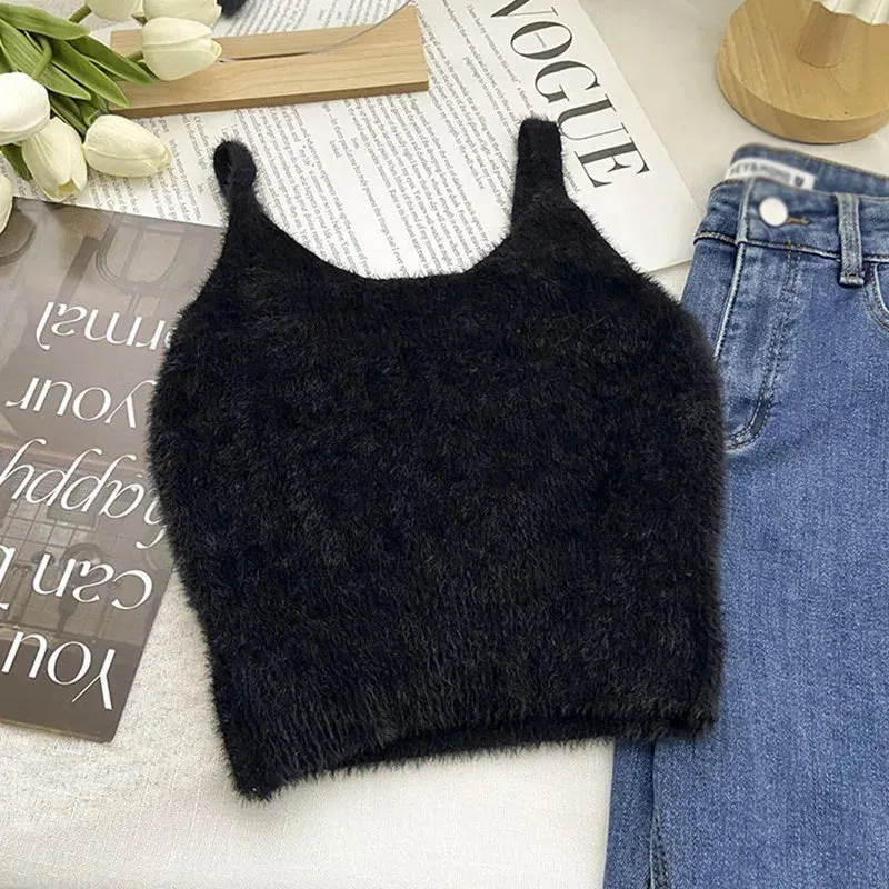 Women's Camisole Temperament Lint Knitted Tank Tops Solid Color U Neck